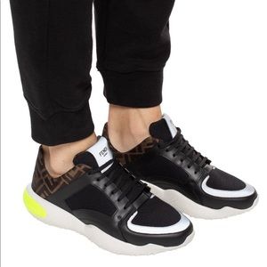 FENDI leather-trimmed logo-jacquard and mesh sneakers UK9/US10